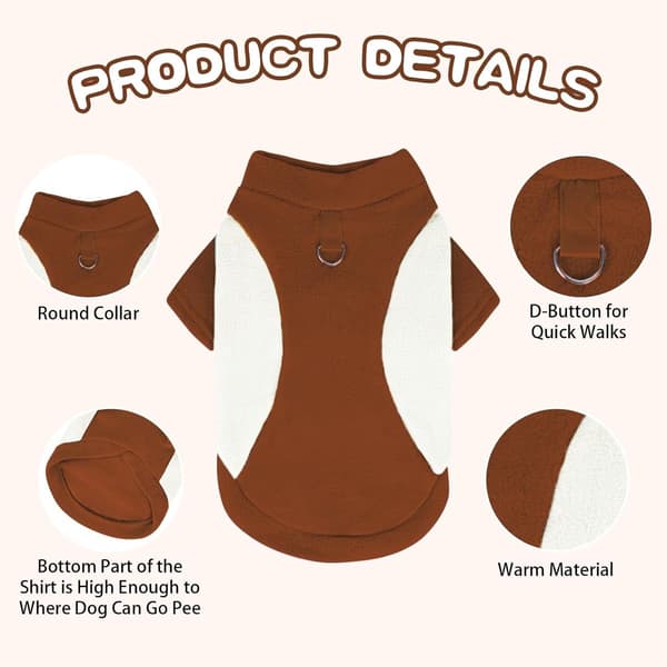 Fleece hundefrakke, blød varm fleece med D-ring på ryggen, let pull-over design til små hunde, vinterture, brun, XXL
