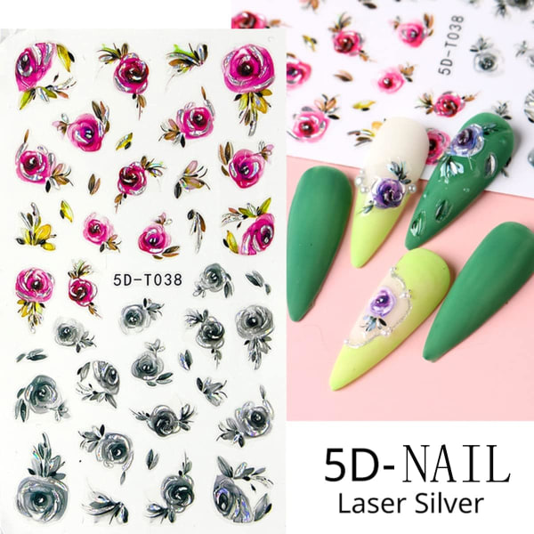 IC Blomma Nail Art Stickers 5D Prægede Graverede Negledekaler Forår Sommer Nail Art Tilbehør Blomster Blade Rose Tulip 4 STK