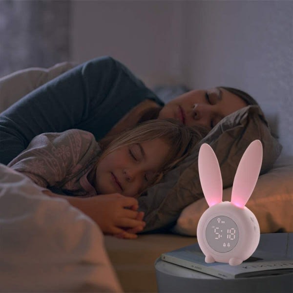 IC Rosa söt kaninväckarklocka Multifunktionstemperaturdisplay Uppladdningsbar sängväckarklocka med röstaktiverat nattljus,