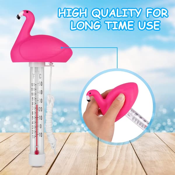 Flydende pooltermometer, pooltermometer, flydende termometer med snor, udendørs/indendørs pooltermometer, pools, kar og akvarier, flamingoer Flamingos