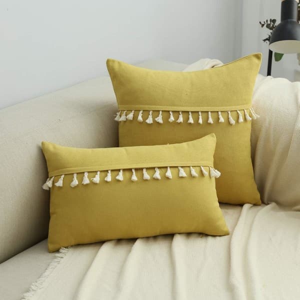IC Boho Dekorativt Ryggstöd med Tofsar för Soffan Supermjukt Överdrag med Solid Accent (Gul Kamel, 12\"x20\")
