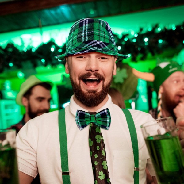 IG St Patrick's Day Grön pläd hatt og fluga Irish Party sæt