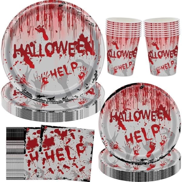 IC Halloween-juhlalautaset ja -setti 96 osaa Bloody-teemalla posliini Halloween veriset paperilautaset halloween-juhl pöytäkoristeluihin, 24 vieraalle