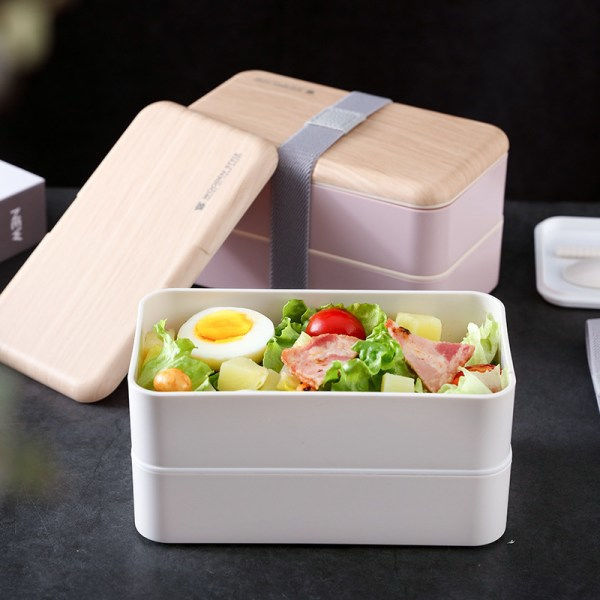 IC Wood Grain Bento Dubbel Lunch Box Snack Box Delad Lunch Box
