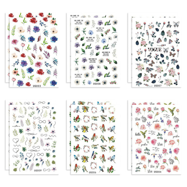 IC Nageldekaler Blomdekaler 12 ark 3D Självhäftande Naglar