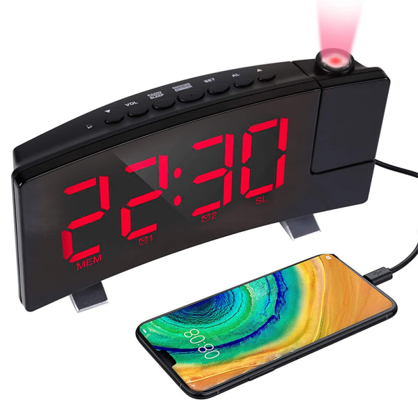 IC Digital väckarklocka, projektionsväckarklockor för sovrum med 4 dimmer, USB phoneladdare, 180° vridbar projektorkropp svart+röd typsnitt
