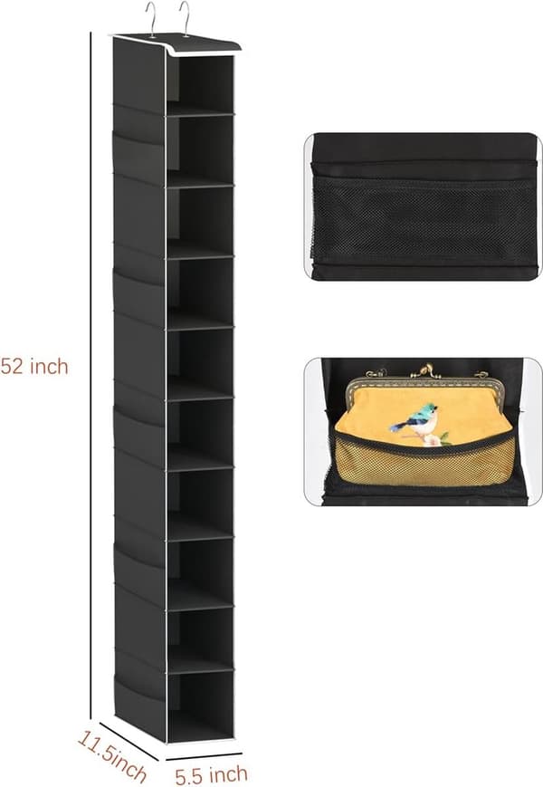 Hängande garderobsorganisatör, svart, 10 hyllplan, förvarar kläder, skor och accessoarer