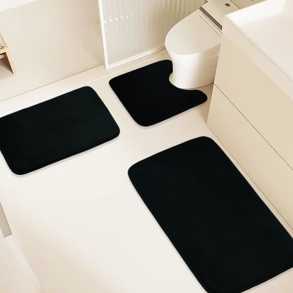 IC Memory Foam Bademåtte 3-delt sæt, superabsorberende, stærk PVC anti-slip bagside, badeværelsesmåtte, plys blød, tyk, maskinvaskbar, sort