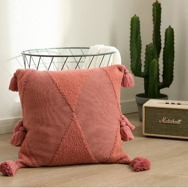 IC Blødt Tuftet Strikket Pudebetræk med Kvaster Firkantede Pudebetræk Pudebetræk til Stue Sofa Sofa Soveværelsesindretning (Rosa, 18\"x18\")