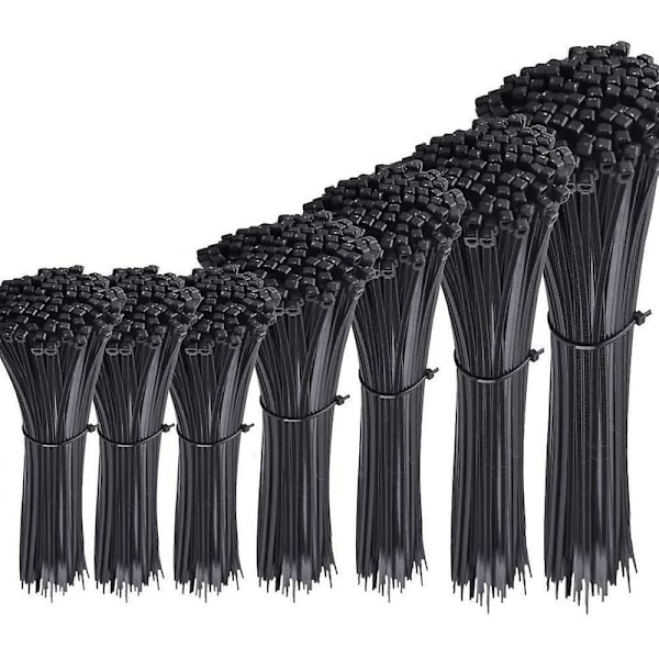 700 stk. sorte nylon kabelbindere, længder 4\"/ 6\"/ 8\"/ 10\"/ 12\"