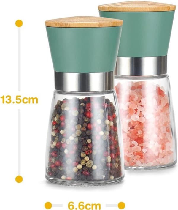 Pepper And Salt Grinder Set With Ceramic Core, 2-Piece Bamboo Detail, For Kitchen And Dining Table, Green