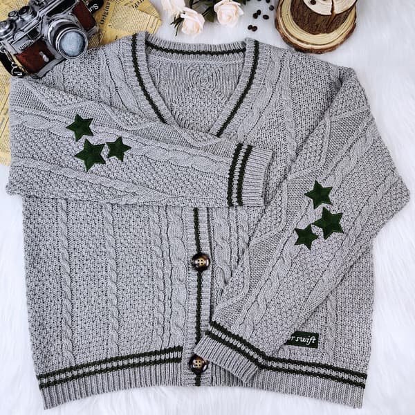 Taylor Swift Star Folklore Cardigan Stjernebroderet Oversized Strikket Bund-Op Trøje Grå Grey L