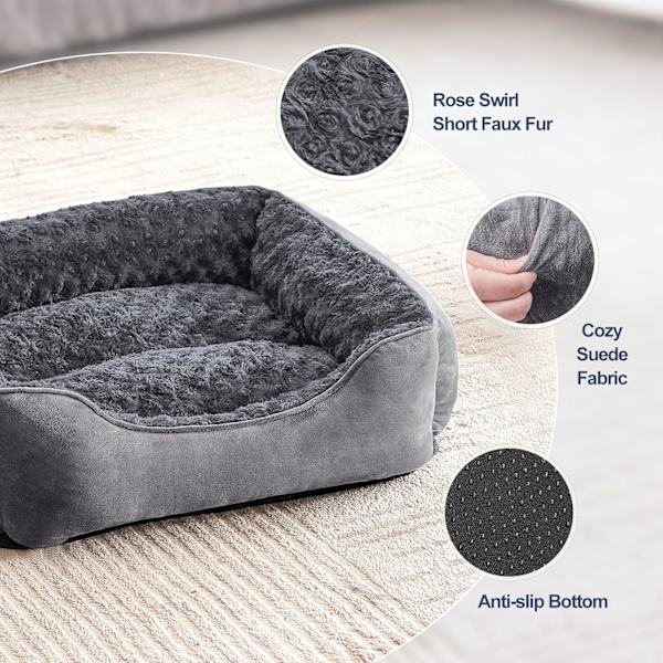 Medium Hundeseng, Vaskbar Rektangulær Hundeseng, Blød Plys Skridsikker Hundeseng Base, Medium Madras, Grå