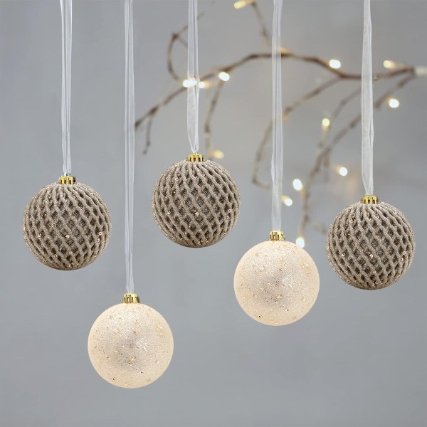 Julgranskulor i skum med glitter och paljetter, 12 st, 8 cm, champagnefärg
