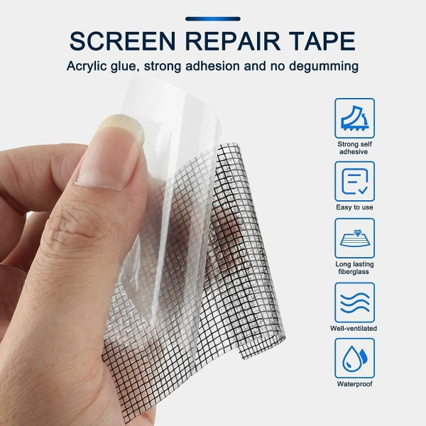 IC Reparationssæt til vinduesglas, 2\" × 16,5\" Reparationssæt til sort skærm med stærkt selvklæbende glasfiberdækkende mesh