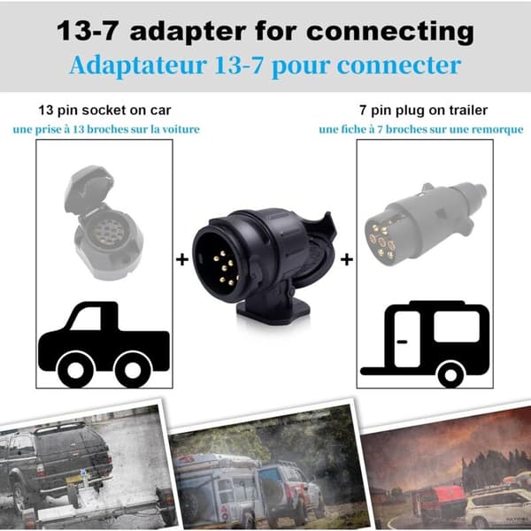 13 til 7-benet trailerstikadapter, 13-benet til 7-benet adapter, trailerstikadapter - til bil, trailer, trækbom, campingvogn