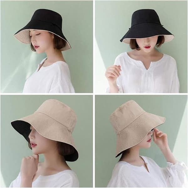 Dame sommer foldbar hat - Bomulds solhat til kvinder UPF 50+ - Foldbar bøllehat med hagerem - Sommer- og vandrehat - Sort/Beige