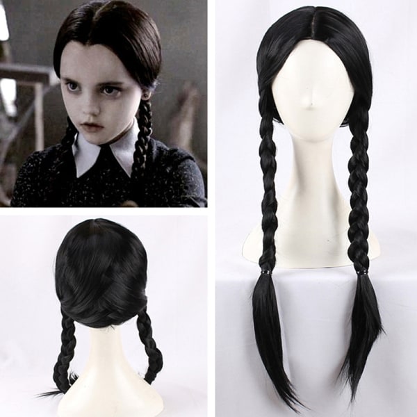 IC Addams Family onsdag Addams Cosplay Paryk Sorte Fletninger Syntetisk Sort One Size