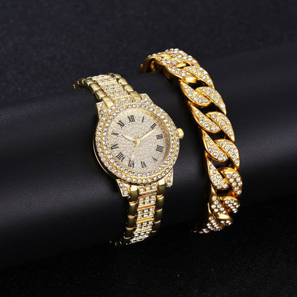 IC Klocka herr och dam All Diamond klocka + armband dam vintage romersk stålplåt klocka (rosa)
