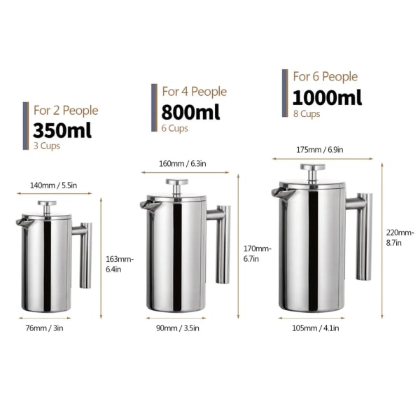 350 ml dobbelt væg rustfrit stål fransk presse kaffemaskine med rustfrit stål filter, kaffekande isoleret kaffekande Press Filterkande Kaffepresse