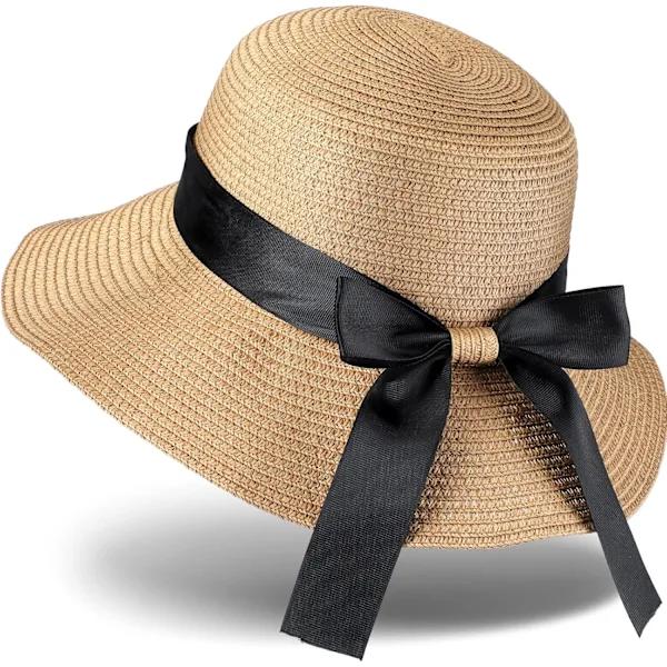 Women's Sun Hat Summer Hat with Bow, Foldable Wide Brim Hat