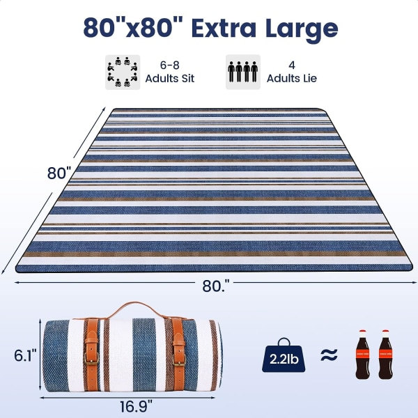 IC 80\" x 80\" Piknikvilt Extra suuri, vedenpitävä ja taitettava rantapyyhe, 3-kerroksinen ulkoilupyhe 6-8 aikuiselle