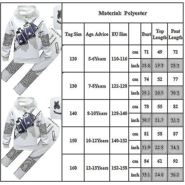 IC Barn Marshmallow Cosplay Kostume Halloween Festkjole Sæt Sweatshirt Bukser Hovedbeklædning CNMR . 12-13 År