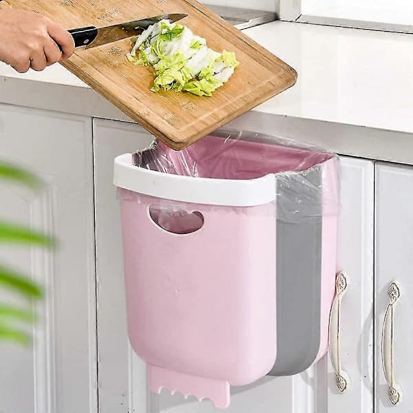 Wall-mounted kitchen waste bin for cabinets, hanging/foldable, for collecting vegetable peels (pink)