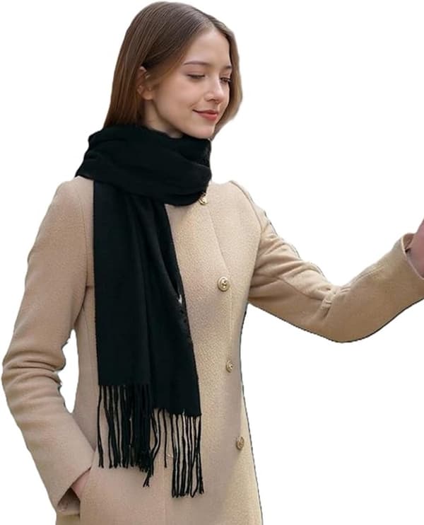 Vinterhalstørkle for kvinner, myk imitasjon av kashmirpolyester, langt bredt frynsete sjal for høst og vinter, svart, 70 x 200 cm Black