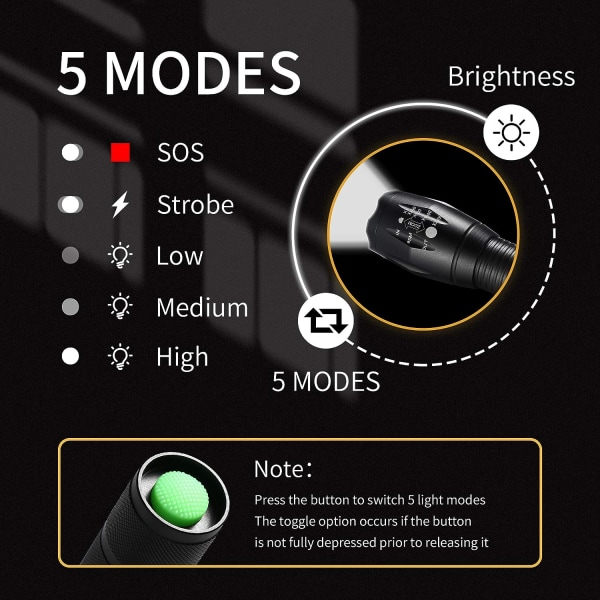 IC LED-ficklampa, taktisk ficklampa med hög lumen ljus batteri bärbar vattentät zoombar ficklampa med 5 lägen