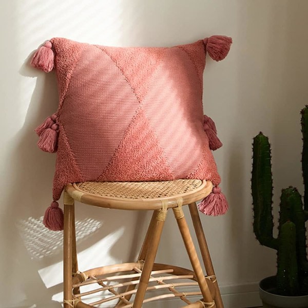 IC Blødt Tuftet Strikket Pudebetræk med Kvaster Firkantede Pudebetræk Pudebetræk til Stue Sofa Sofa Soveværelsesindretning (Rosa, 18\"x18\")