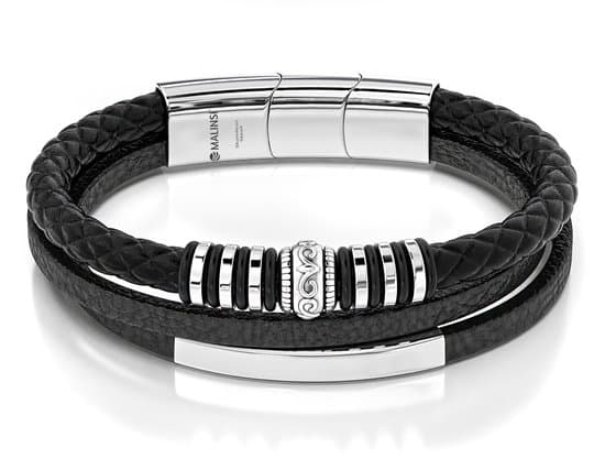 Malinsi læderarmbånd til mænd, sort flettet læder med rustfri stål accenter, 20cm + 2cm forlænger, gave til ham