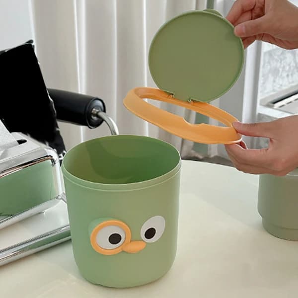 Mini Trash Can with Lid Cute Cartoon Design Plastic Desktop Waste Bin for Table Bedside Office Green