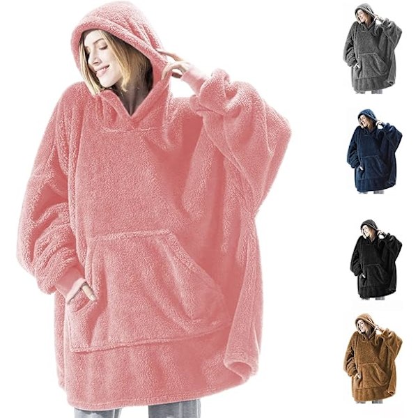 Hættetrøje-tæppe, Oversized Sherpa Hættetrøje, Bærbar Hættetrøje-tæppe, Super Blød Varmt Behageligt Tæppe-Hættetrøje, One Size Passer Alle Voksne Pink