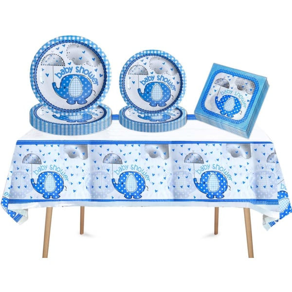 IC Söta blå elefanttillbehör Baby shower med elefanttema set med papperstallrikar, servetter och duk (blå)