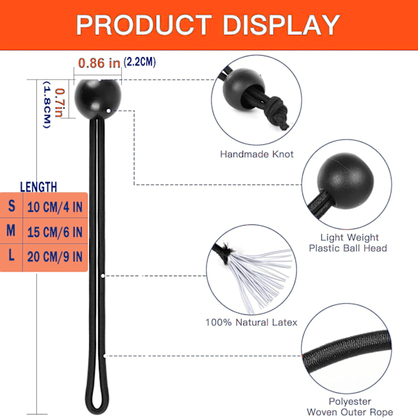 50-pak Bungee Ball-bindere med UV-resistent elastisk snor til presenninger, telte, stænger og kabler, sort/hvid, 15 cm