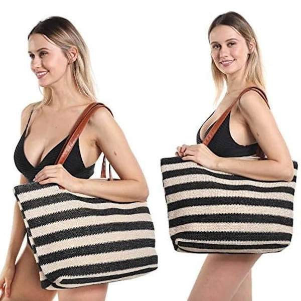 Striped Stitched Straw Bag with Zipper, Perfect