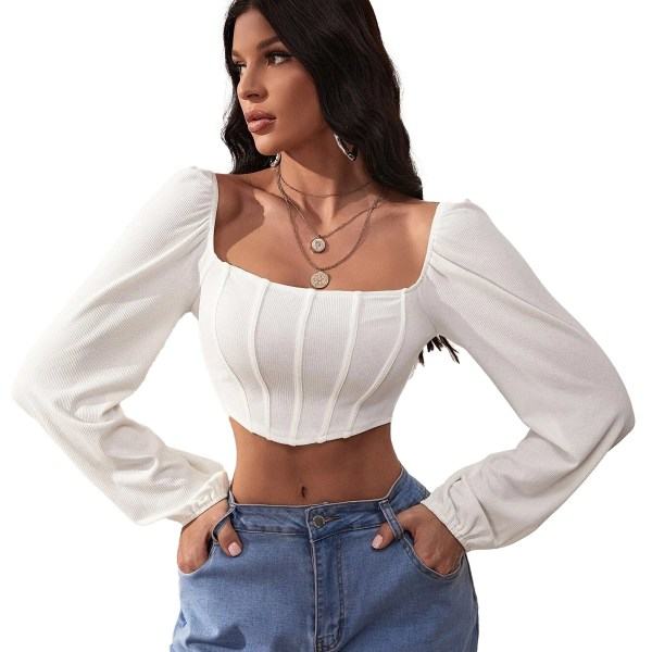 IC Dam Casual Bishop långärmad t-shirt med fyrkantig hals Crop Tops X-Large