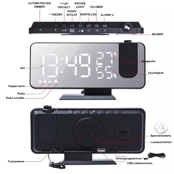 IC Väckarklocka radio väckarklocka med projektion USB -port med