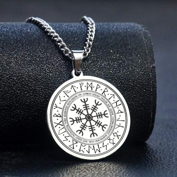 Ruostumattomasta teräksestä valmistettu Aegishjalmur -kaulakoru Voittamaton Viikinki Odin Logotype Kompassi Rune Runt riipus Vintage Herran kaulakoru Korut
