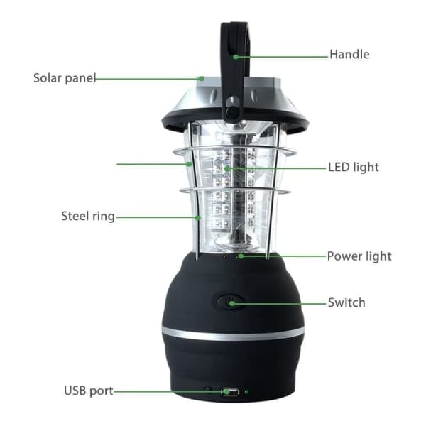 Solcellelygte, ultralys LED-campinglampe, 2 justerbare lystilstande, 5 opladningsmetoder, med håndsvingdynamo, lang