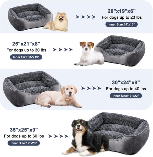 Medium Hundeseng, Vaskbar Rektangulær Hundeseng, Myk Plysj Sklisikker Hundesengbase, Medium Madrass, Grå