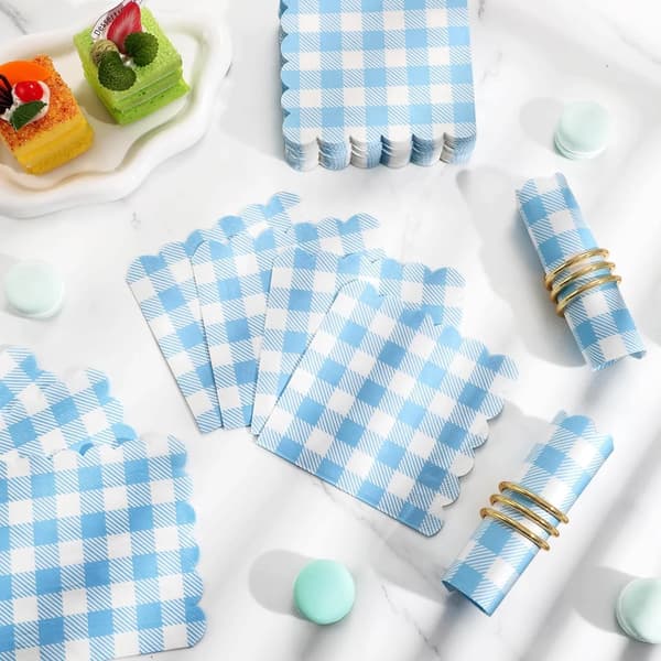 120 stk. blå gingham papirservietter, engangs ternede servietter til babyshower, picnic og fødselsdagsfest, blå, 5 x 5 tommer Lignt Blue and White