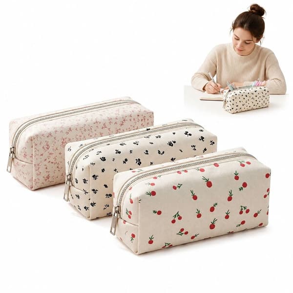Pennalsett med 3, store blomstrete glidelåspunger, multifunksjonelle for jenter og studenter, 20 x 7 x 8 cm, blå, rød, rosa