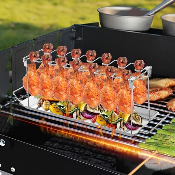 Kyllingelårstativ i rustfrit stål med 14 slidser og drypbakke, foldbart grillstativ til ovn, grill, camping, picnic, havefest
