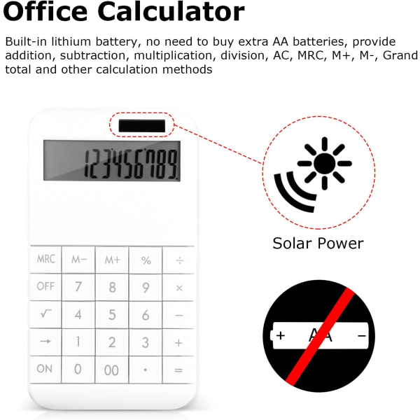 IC Kontor Kalkulator, 12-sifret stor LCD-skjerm Solcelle Standard Skrivebords Kalkulator - Hvit