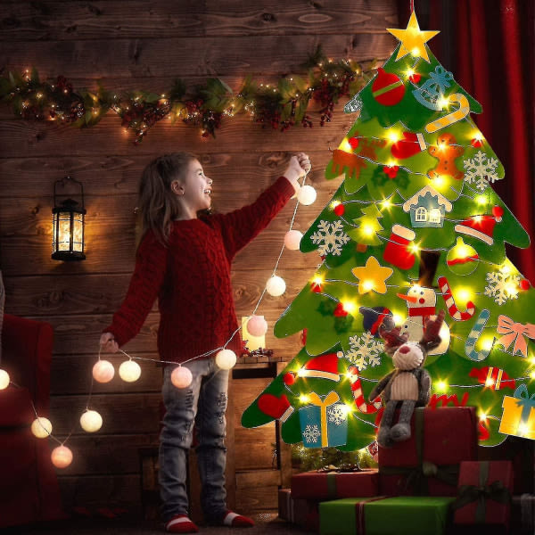 Filt julgran, julpynt, julgran med 32 st prydnader Väggdekor med LED Fairy Lights For barn Hem Dörr Väggdekoration
