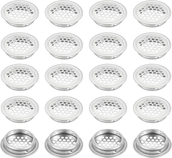 20 Ventilationsgitre - 53 mm - Runde Ventilationsåbninger i Rustfrit Stål - til Køkkenskabe, Skoskabe, Badeværelse - Sølv