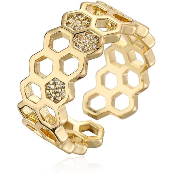 IC Cubic Zirconia Bee Honeycomb Ring Guldpläterad Öppen Förlovningsdeklaration Bröllop Stapling Finger Ring Justerbar Mode Diamant