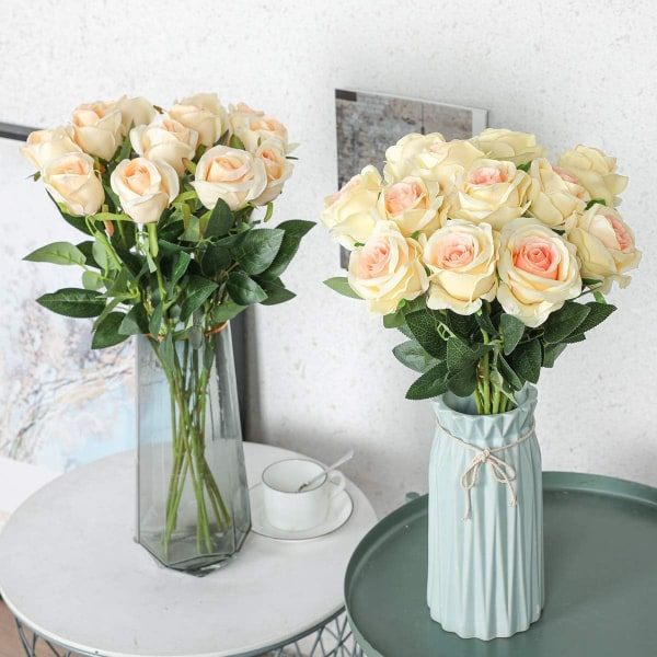 IG Konstgjorda Blommor Siden Rosor Real Touch Brudbröllopsbukett Champagne